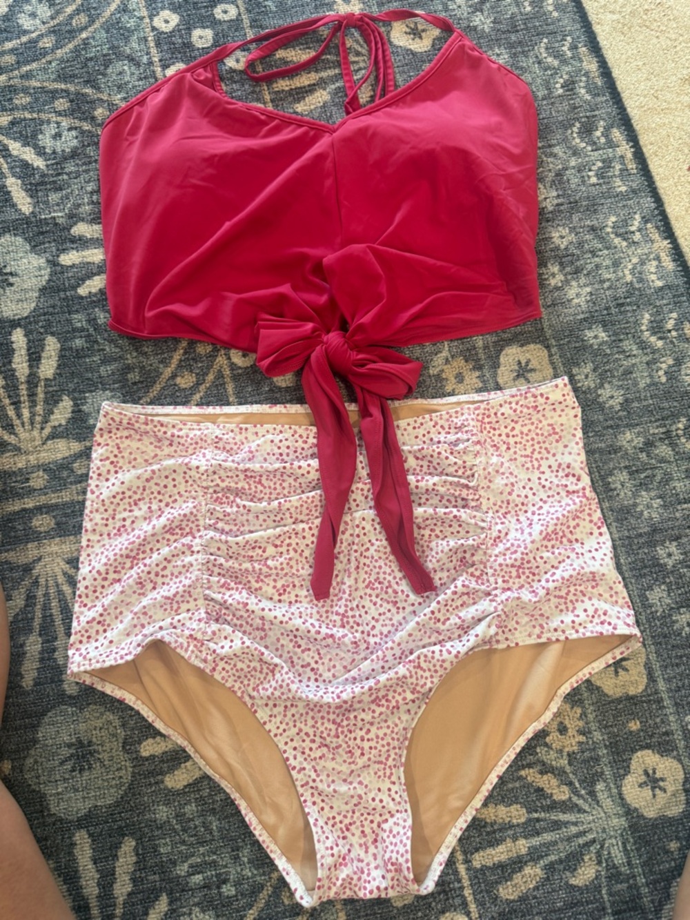 Pink Tie-Front Bikini Top with High-Waist Floral Bottoms